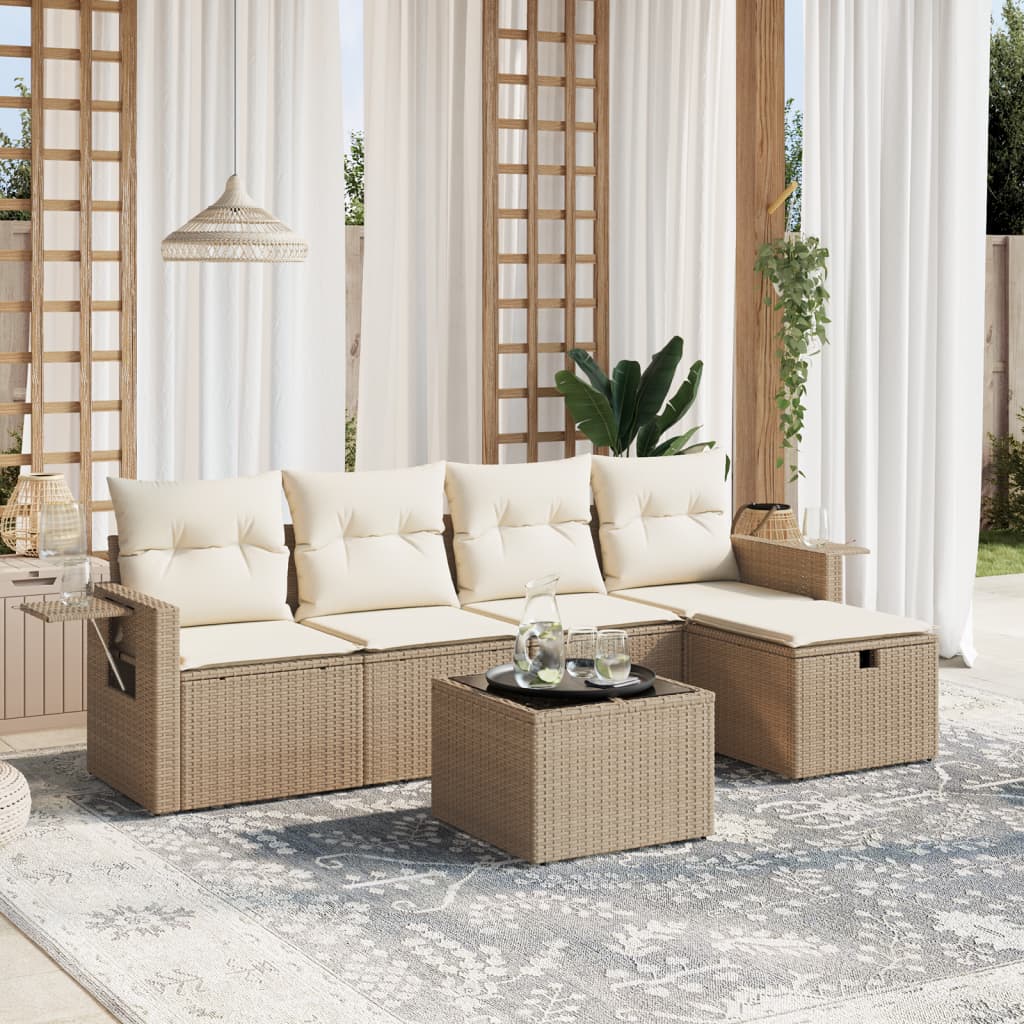 6-delige Loungeset met kussens poly rattan beige