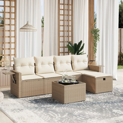 6-delige Loungeset met kussens poly rattan beige