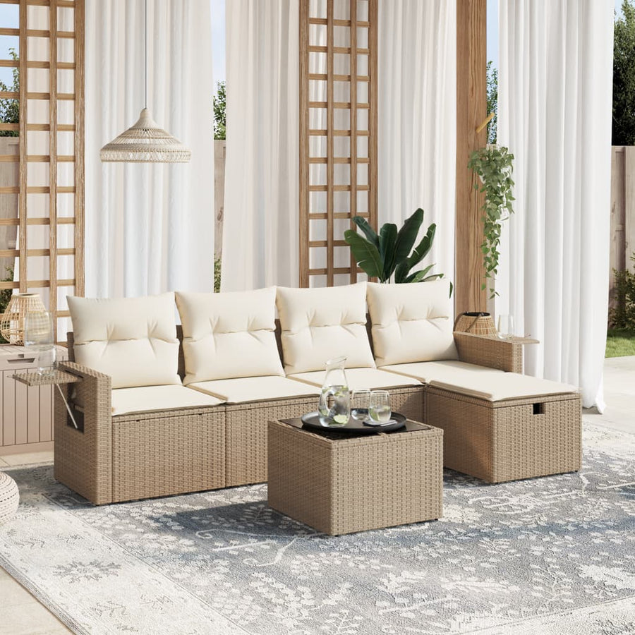6-delige Loungeset met kussens poly rattan beige
