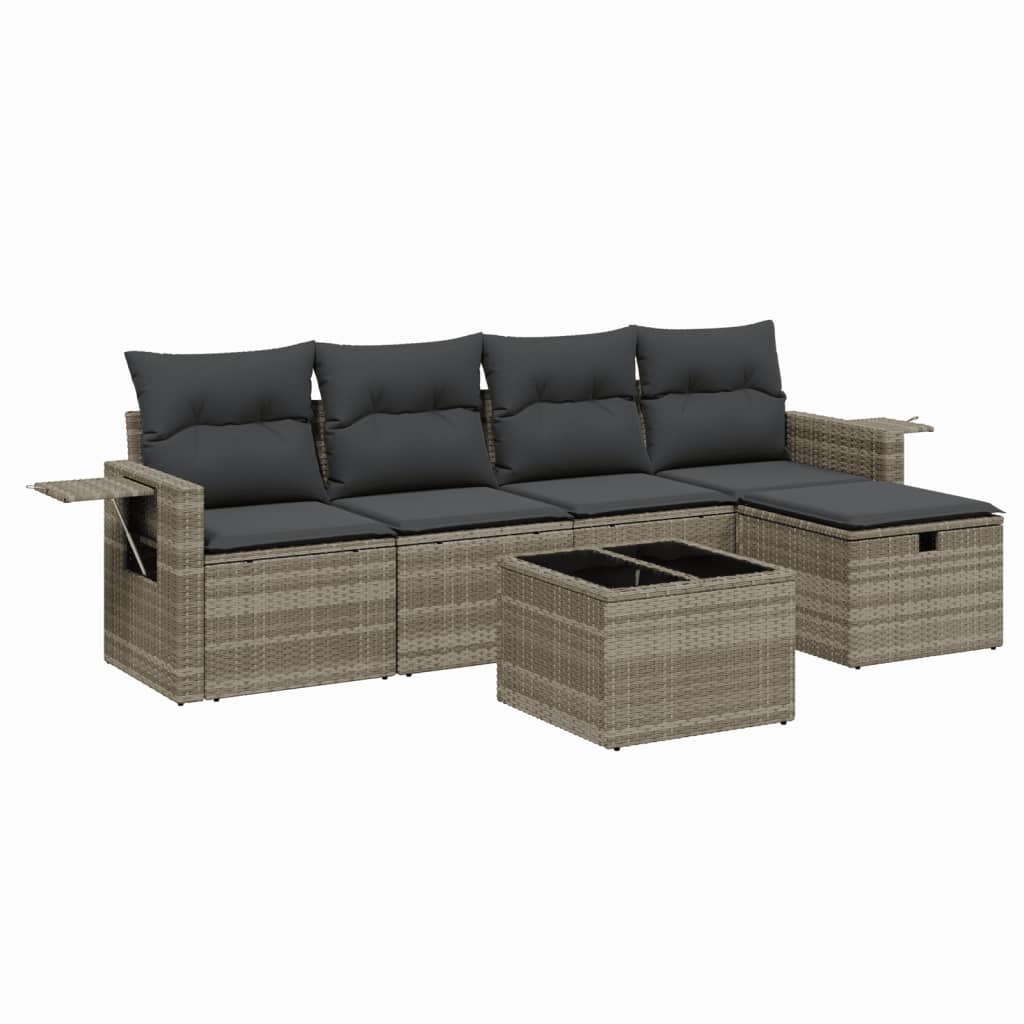 6-delige Loungeset met kussens poly rattan lichtgrijs