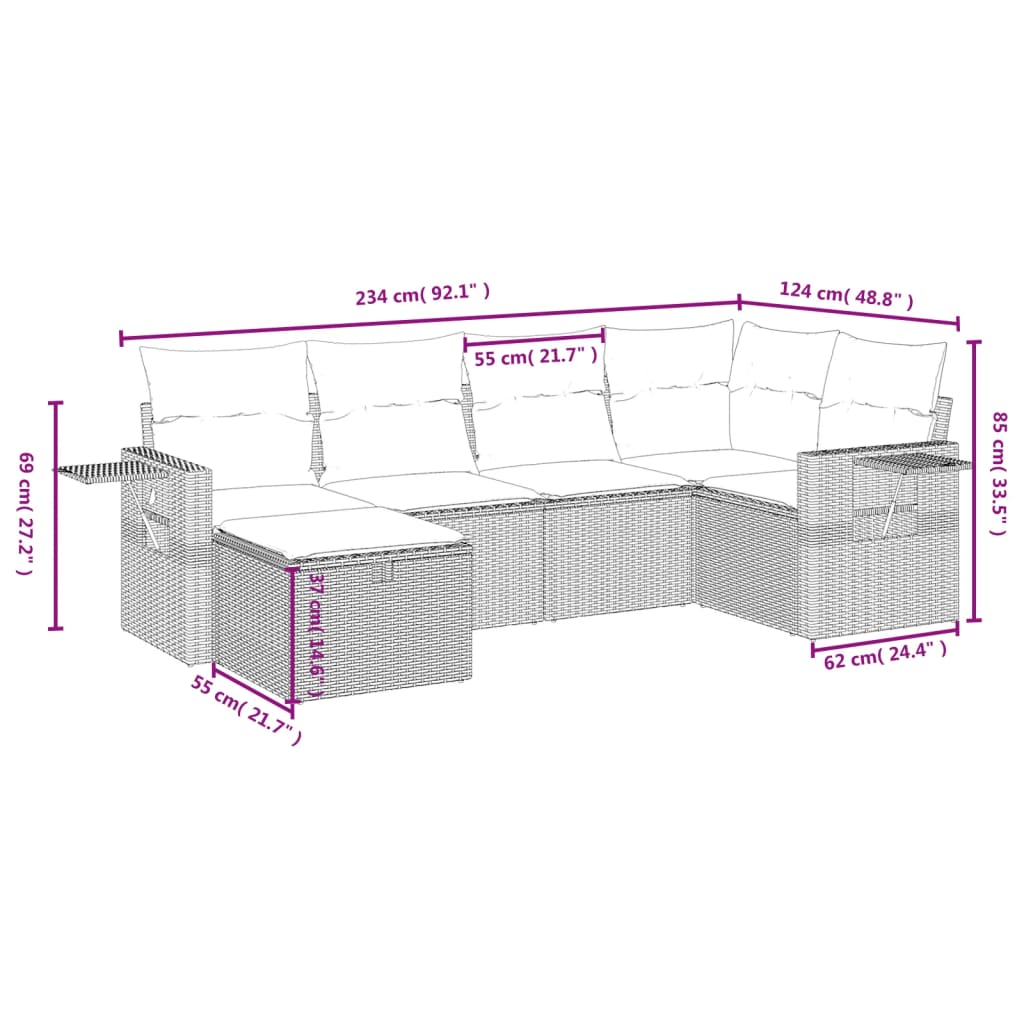 6-delige Loungeset met kussens poly rattan zwart
