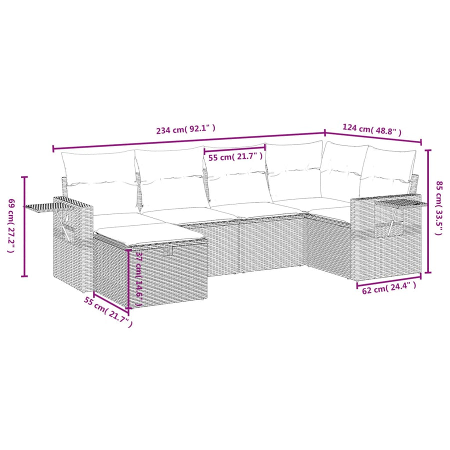 6-delige Loungeset met kussens poly rattan zwart