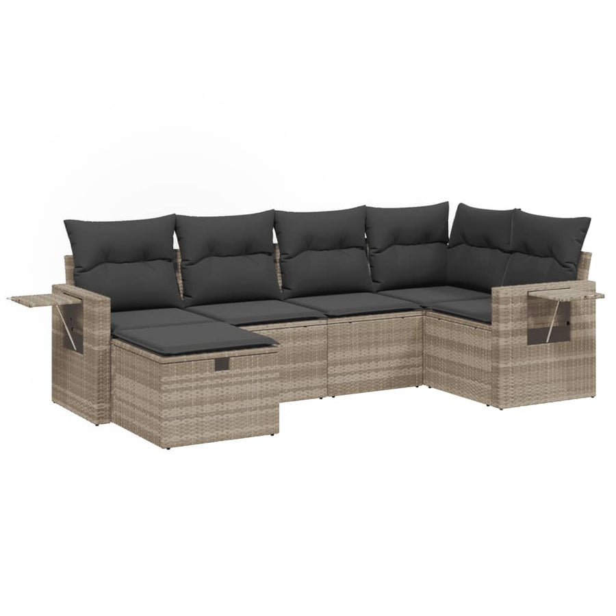 6-delige Loungeset met kussens poly rattan lichtgrijs