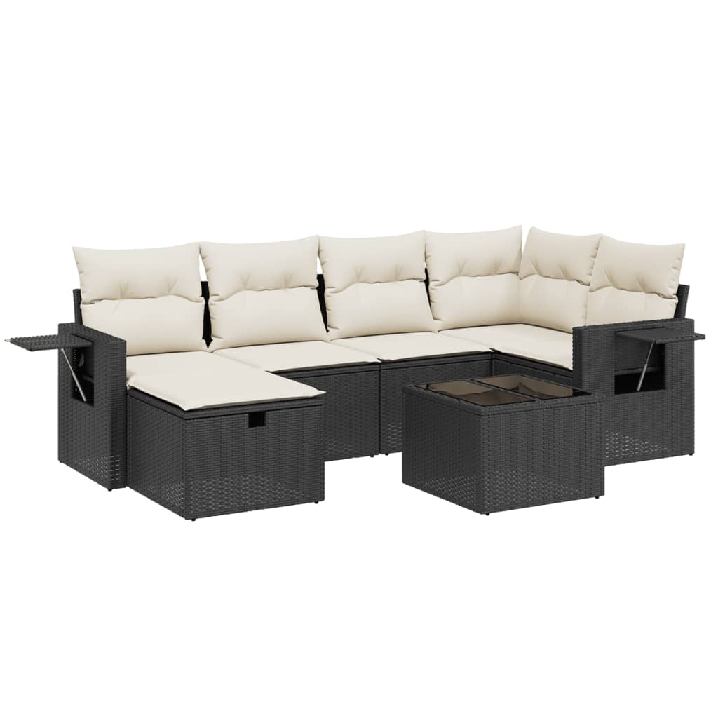 7-delige Loungeset met kussens poly rattan zwart