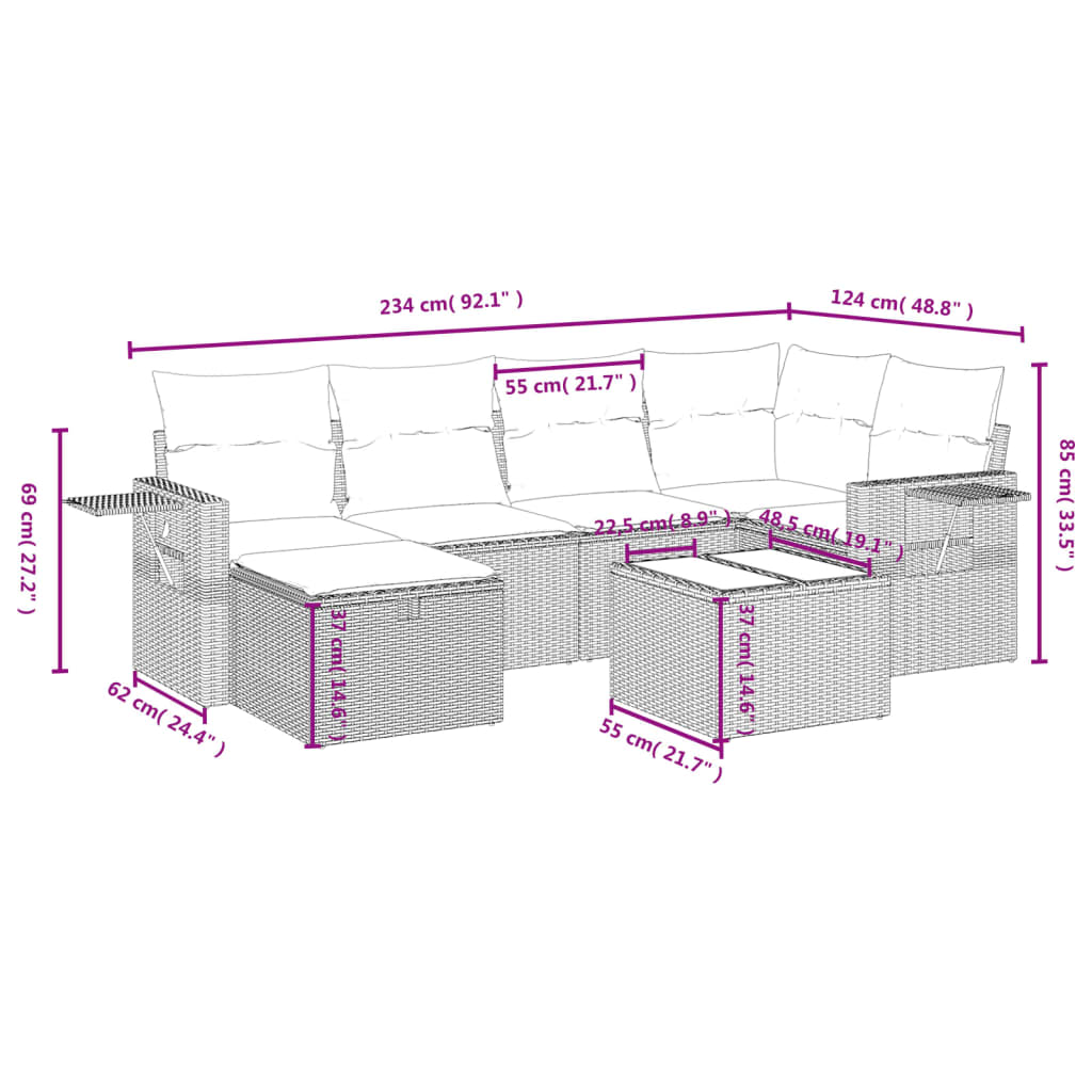 7-delige Loungeset met kussens poly rattan zwart