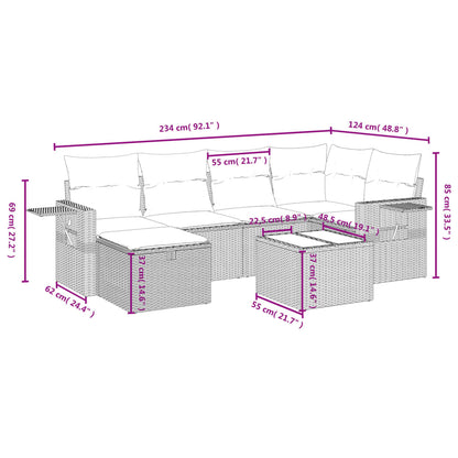 7-delige Loungeset met kussens poly rattan zwart