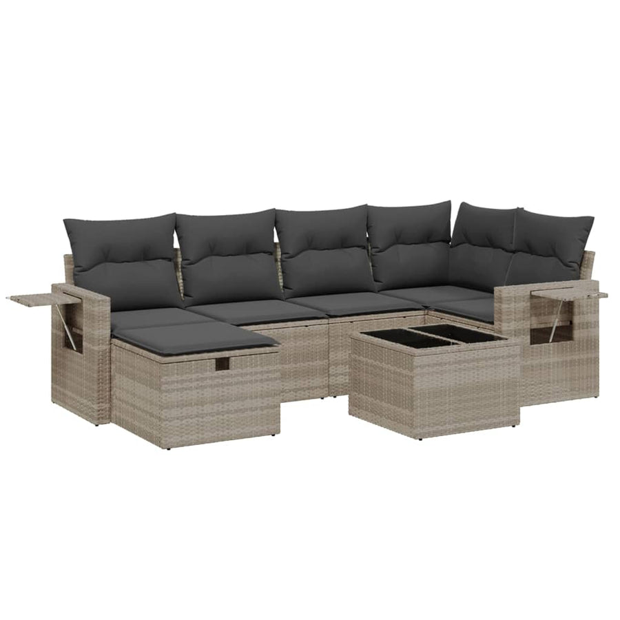 7-delige Loungeset met kussens poly rattan lichtgrijs