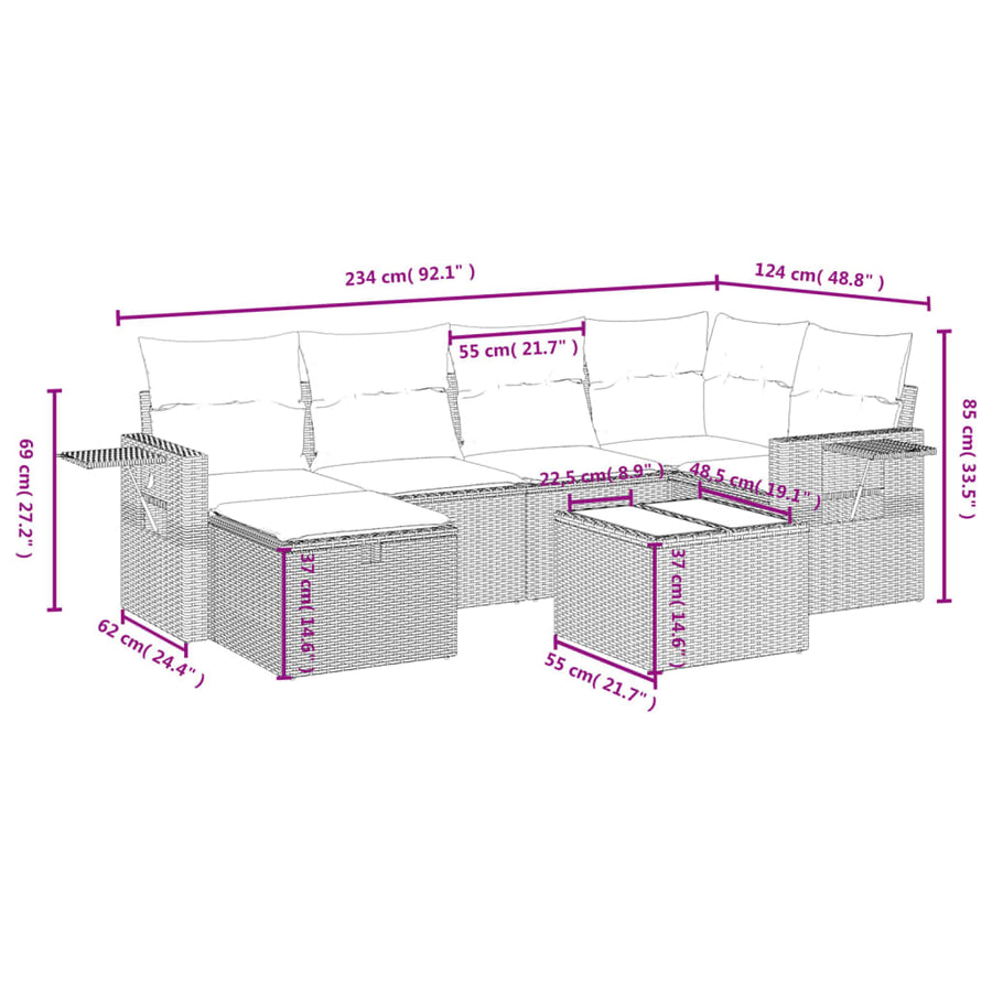 7-delige Loungeset met kussens poly rattan lichtgrijs