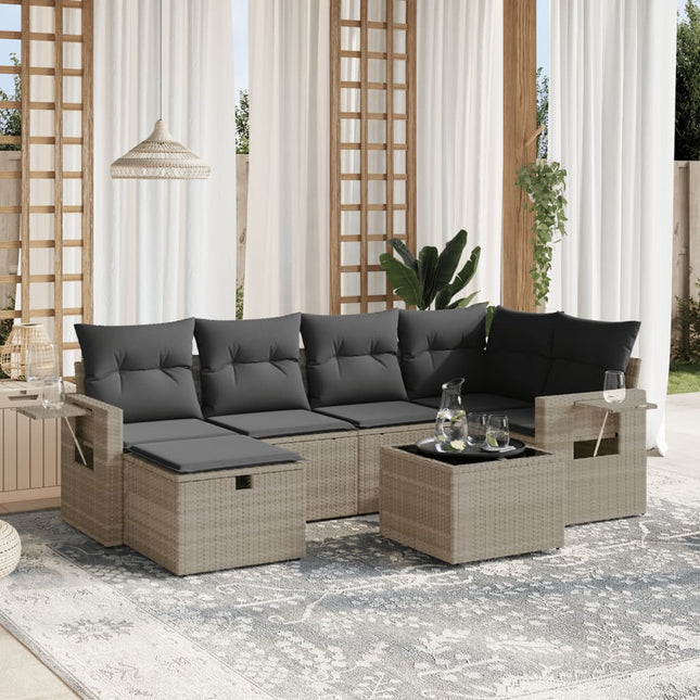 7-delige Loungeset met kussens poly rattan lichtgrijs