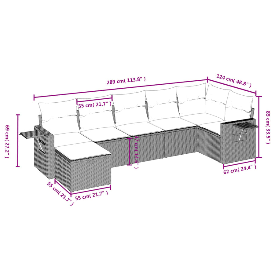 7-Delige Loungeset Met Kussens Poly Rattan Gemengd Beige