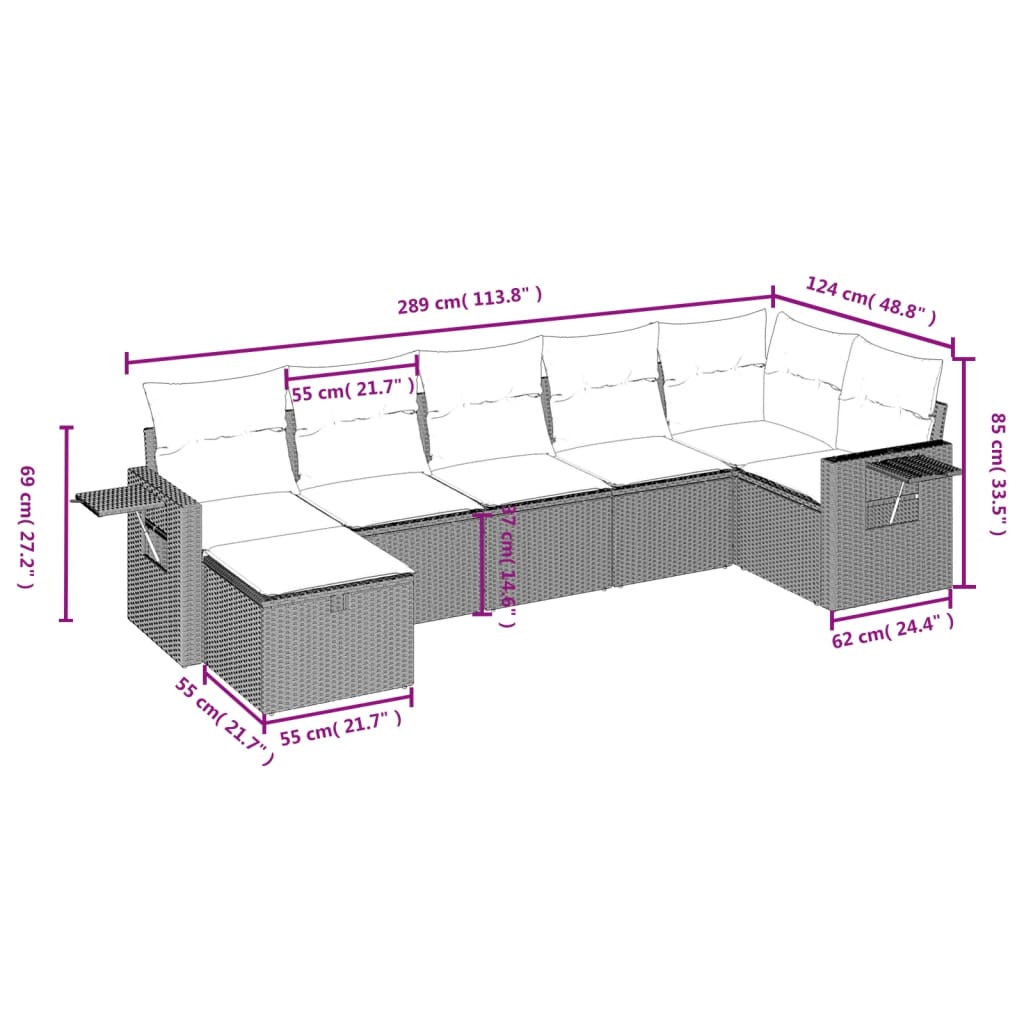 7-Delige Loungeset Met Kussens Poly Rattan Grijs
