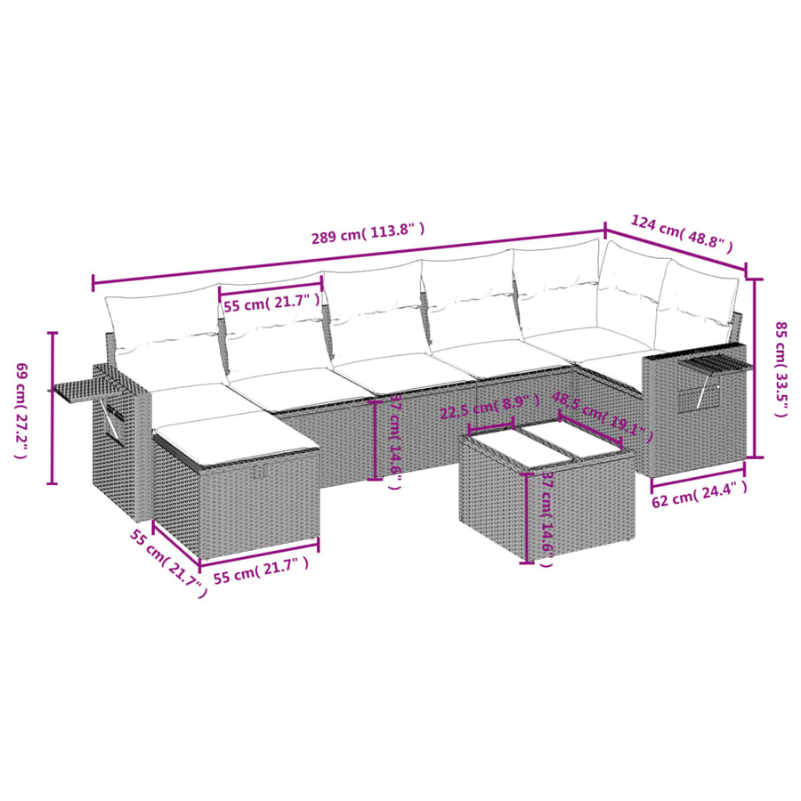 8-Delige Loungeset Met Kussens Poly Rattan Grijs