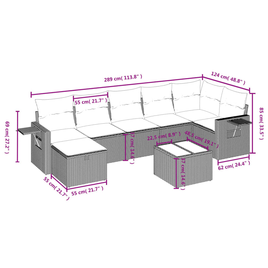 8-delige Loungeset met kussens poly rattan lichtgrijs