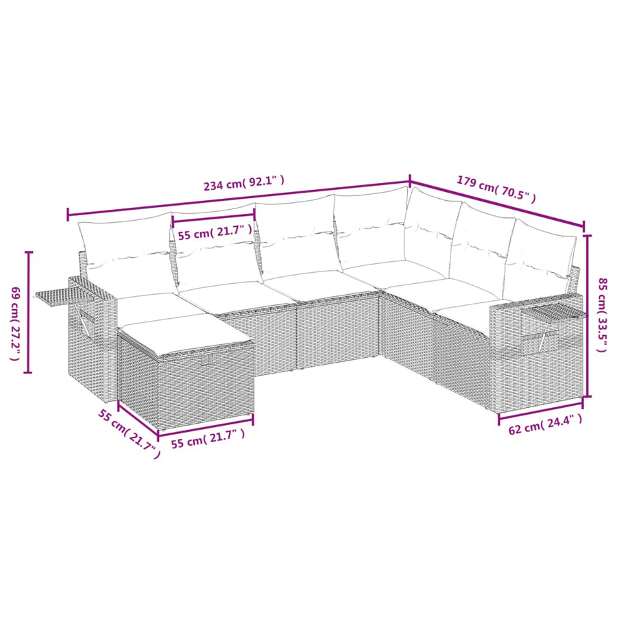 7-Delige Loungeset Met Kussens Poly Rattan Grijs