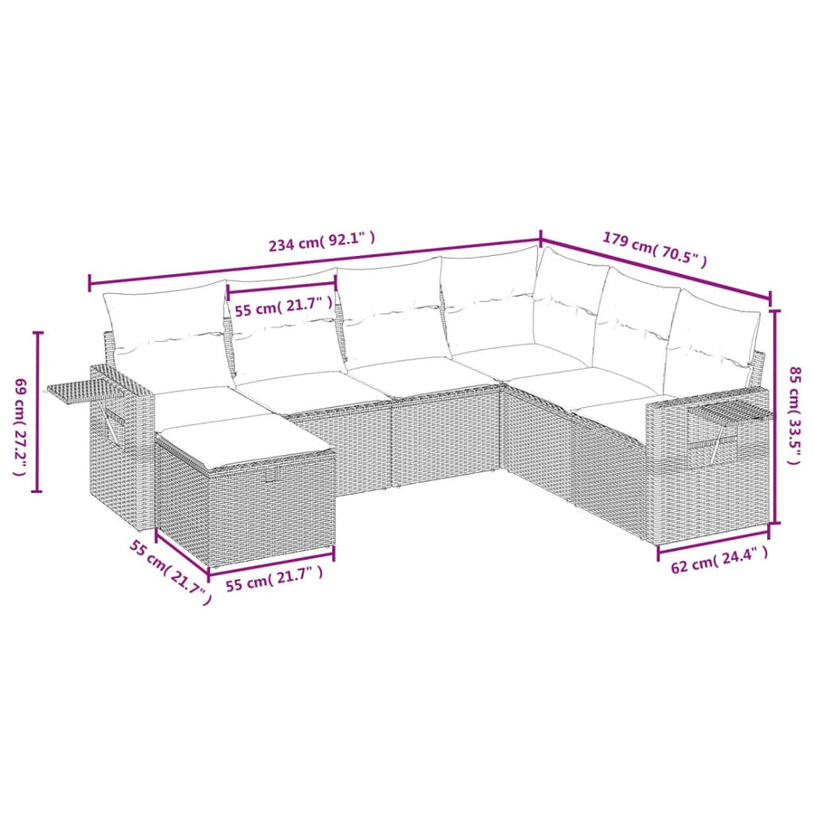 7-delige Loungeset met kussens poly rattan lichtgrijs