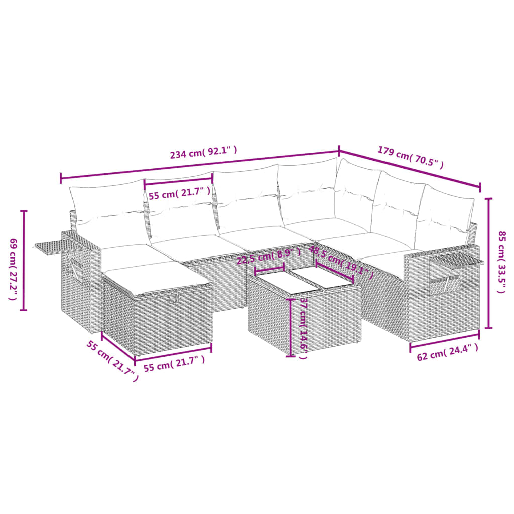 8-delige Loungeset met kussens poly rattan lichtgrijs