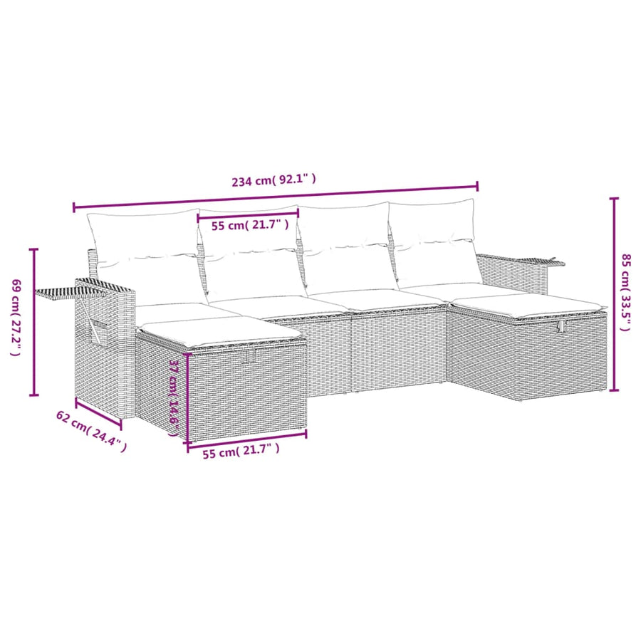 6-Delige Loungeset Met Kussens Poly Rattan Gemengd Beige