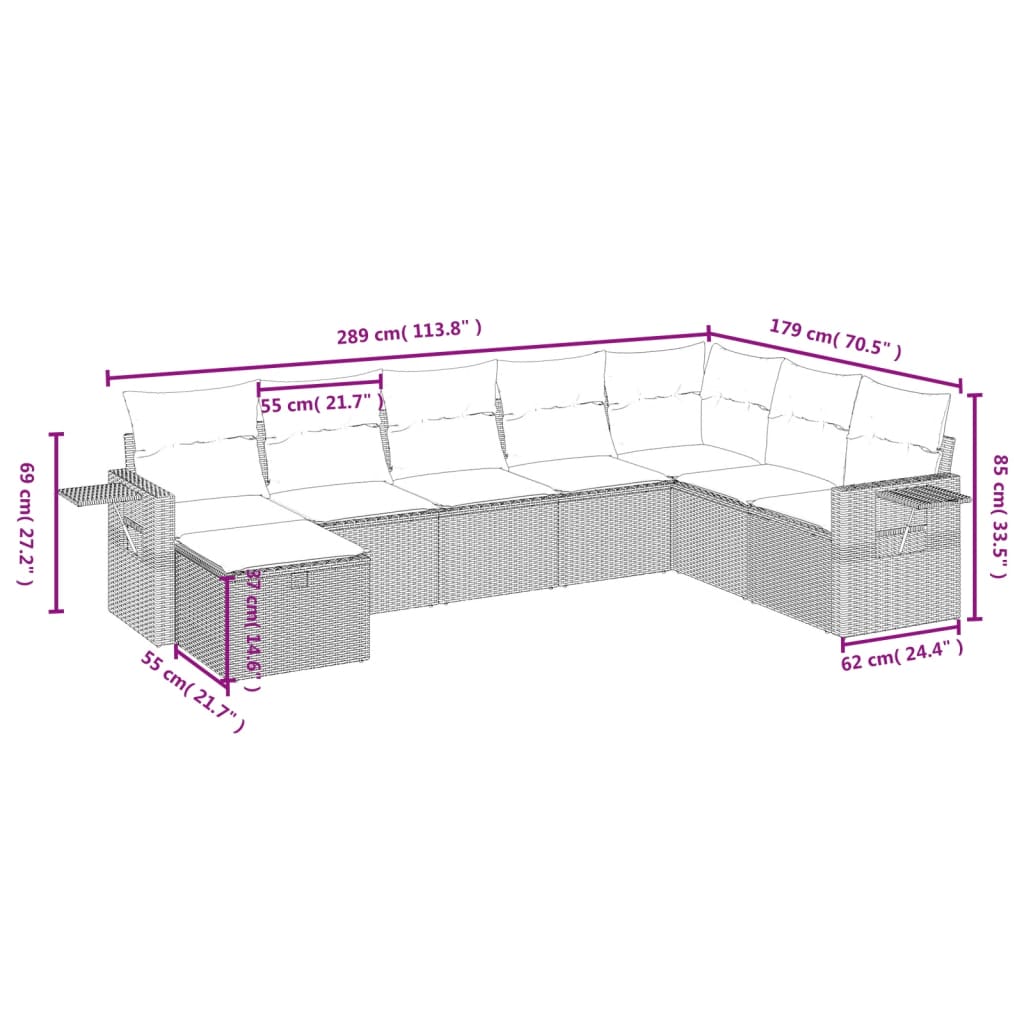 8-delige Loungeset met kussens poly rattan zwart