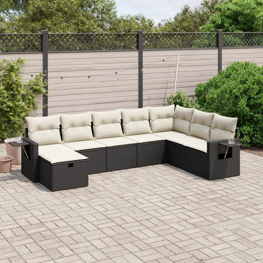8-delige Loungeset met kussens poly rattan zwart
