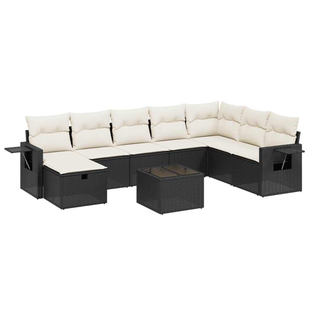 9-delige Loungeset met kussens poly rattan zwart