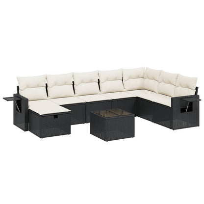 9-delige Loungeset met kussens poly rattan zwart