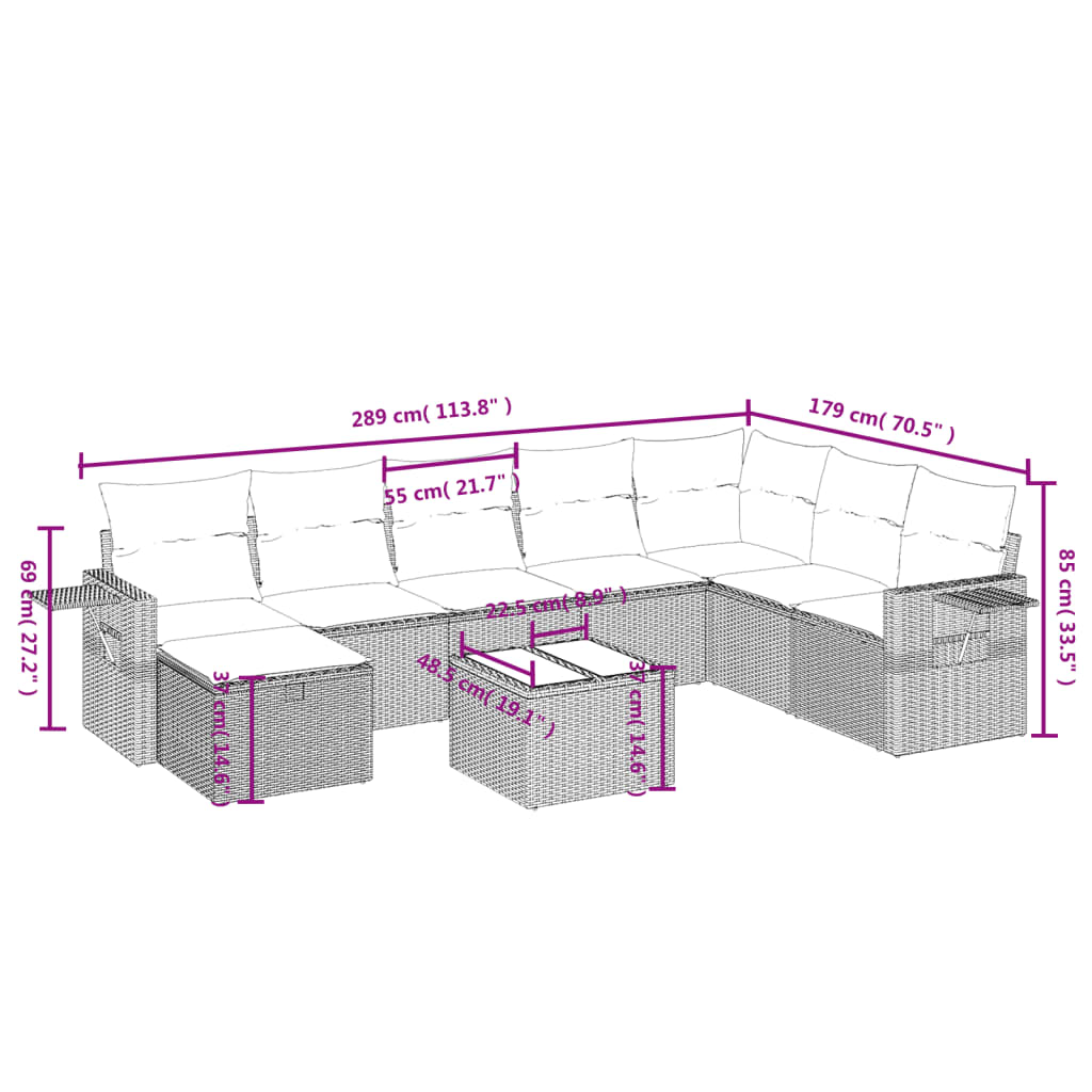 9-delige Loungeset met kussens poly rattan zwart
