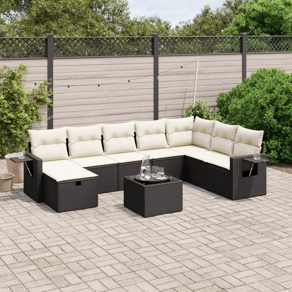 9-delige Loungeset met kussens poly rattan zwart