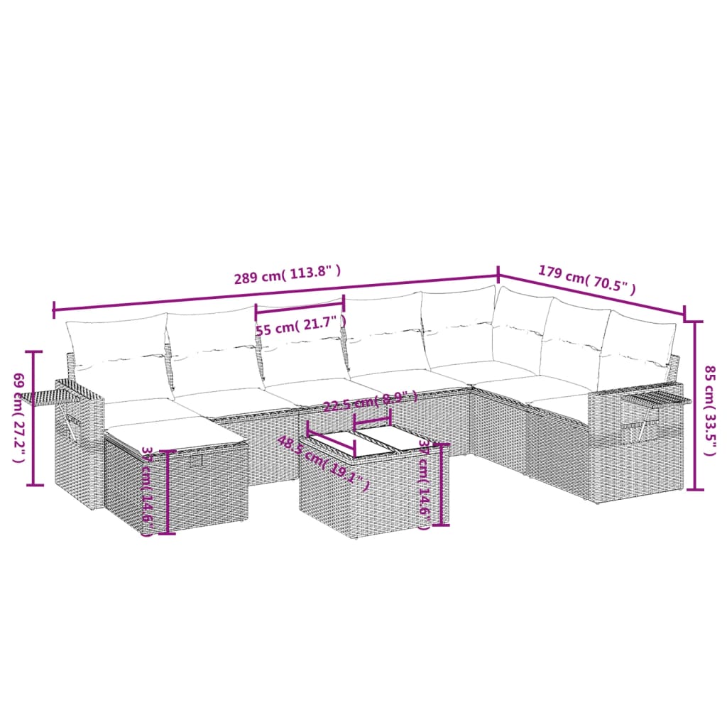 9-Delige Loungeset Met Kussens Poly Rattan Beige