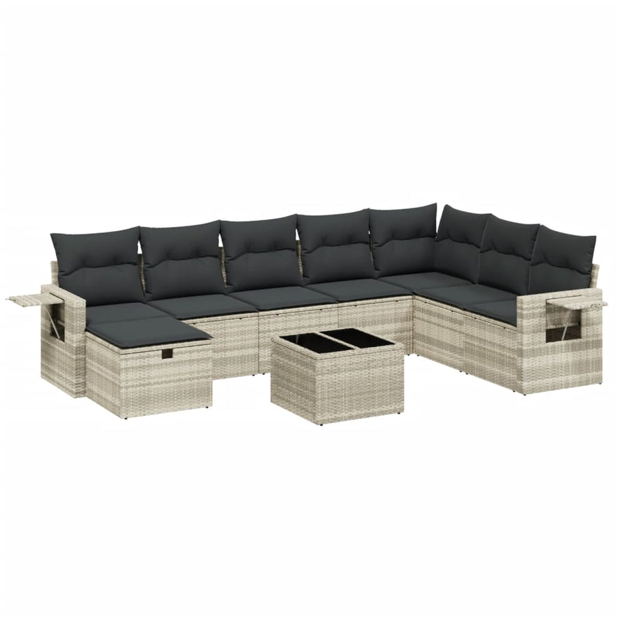 9-delige Loungeset met kussens poly rattan lichtgrijs