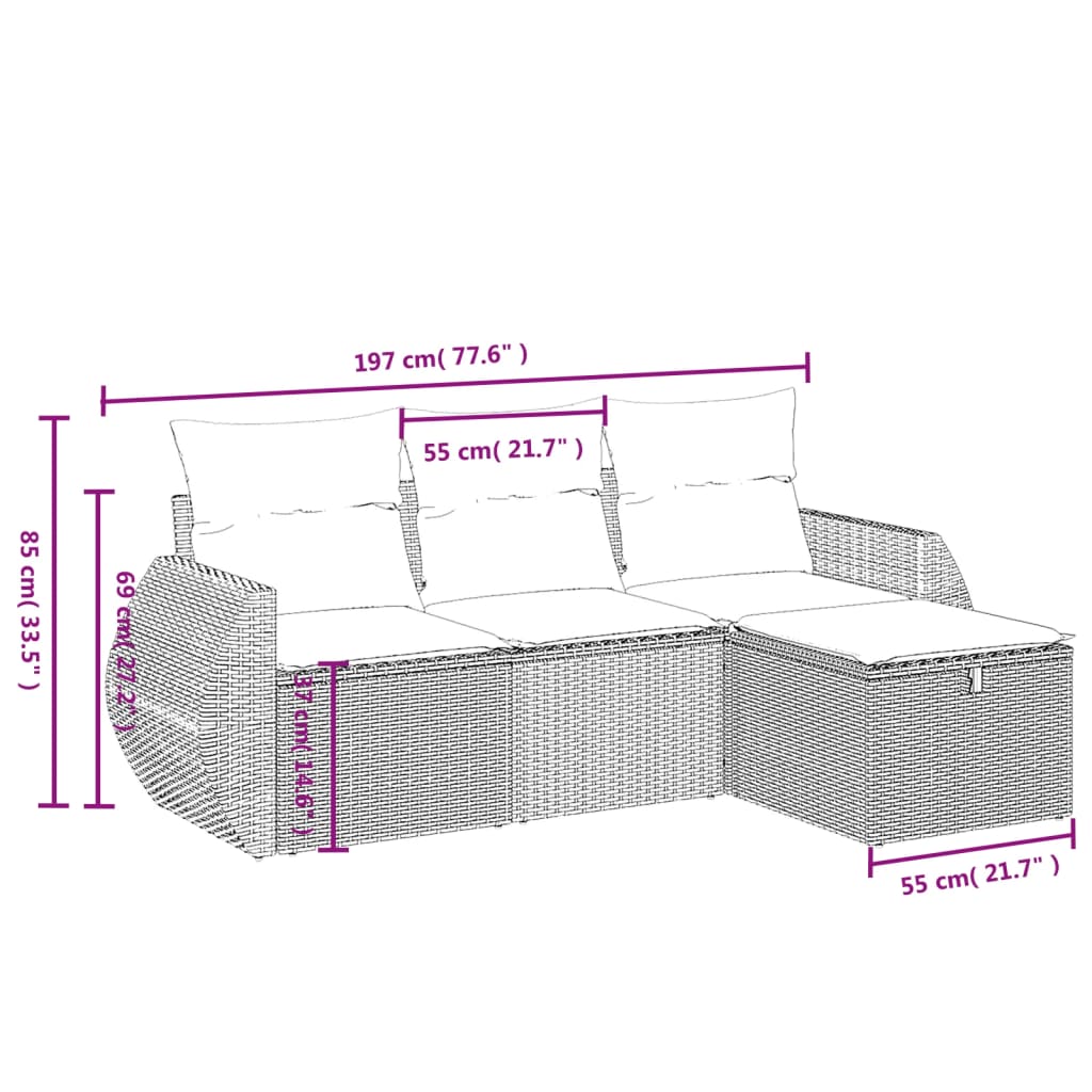 4-Delige Loungeset Met Kussens Poly Rattan Grijs