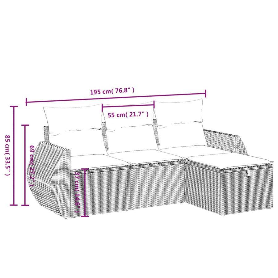 4-delige Loungeset met kussens poly rattan lichtgrijs