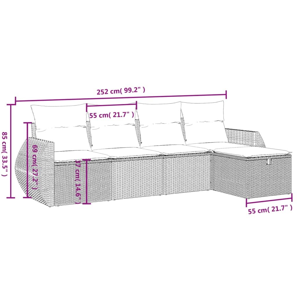 5-Delige Loungeset Met Kussens Poly Rattan Grijs