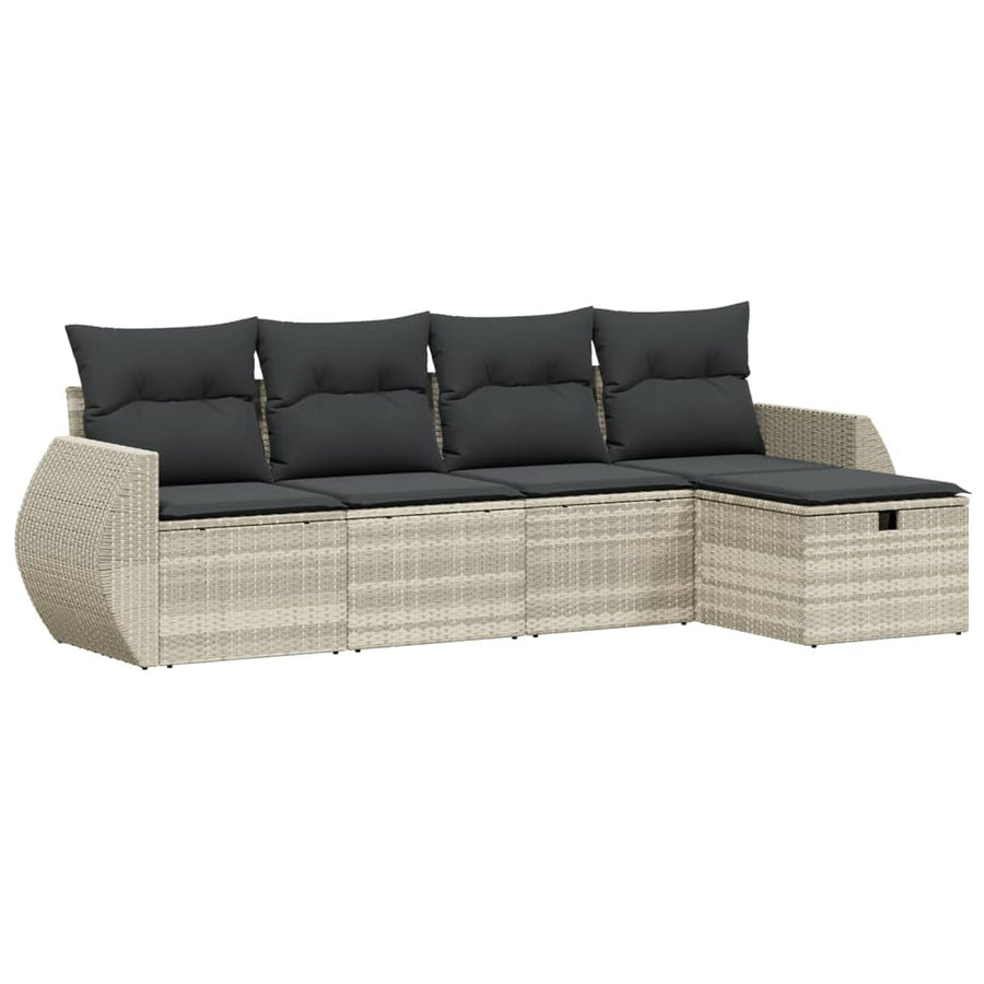 5-delige Loungeset met kussens poly rattan lichtgrijs