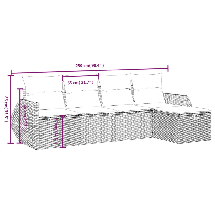 5-delige Loungeset met kussens poly rattan lichtgrijs