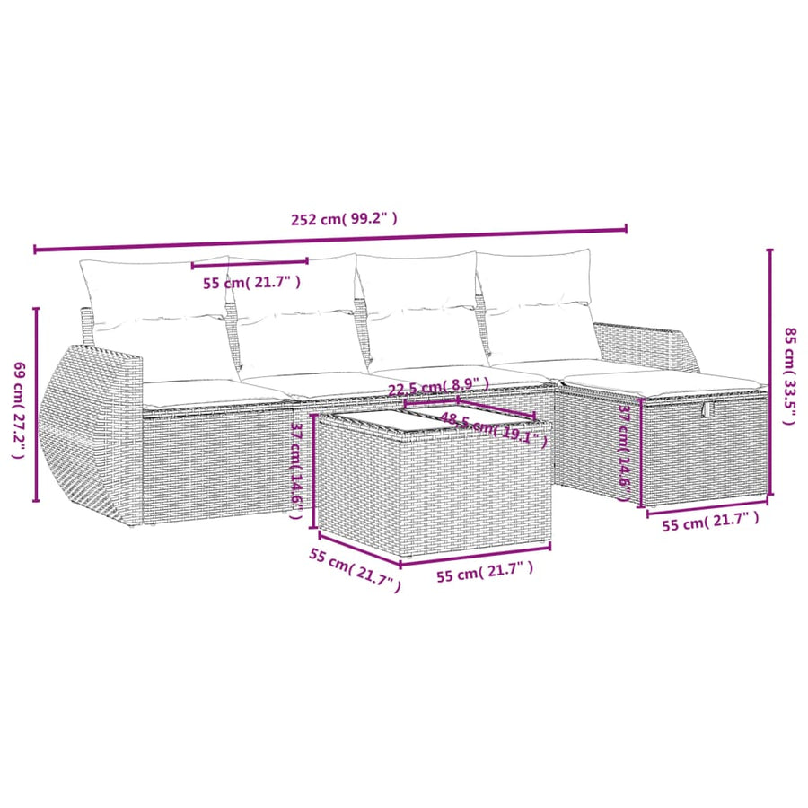 6-Delige Loungeset Met Kussens Poly Rattan Gemengd Beige