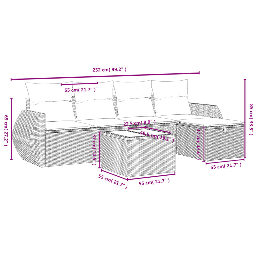 6-Delige Loungeset Met Kussens Poly Rattan Grijs