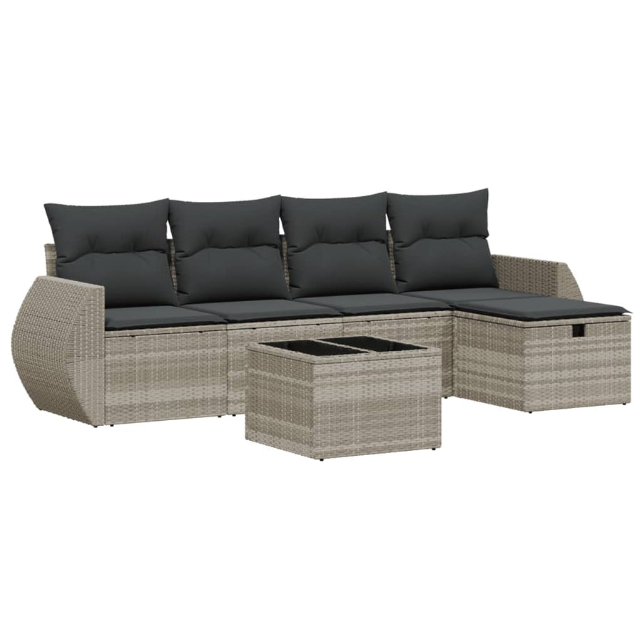 6-delige Loungeset met kussens poly rattan lichtgrijs