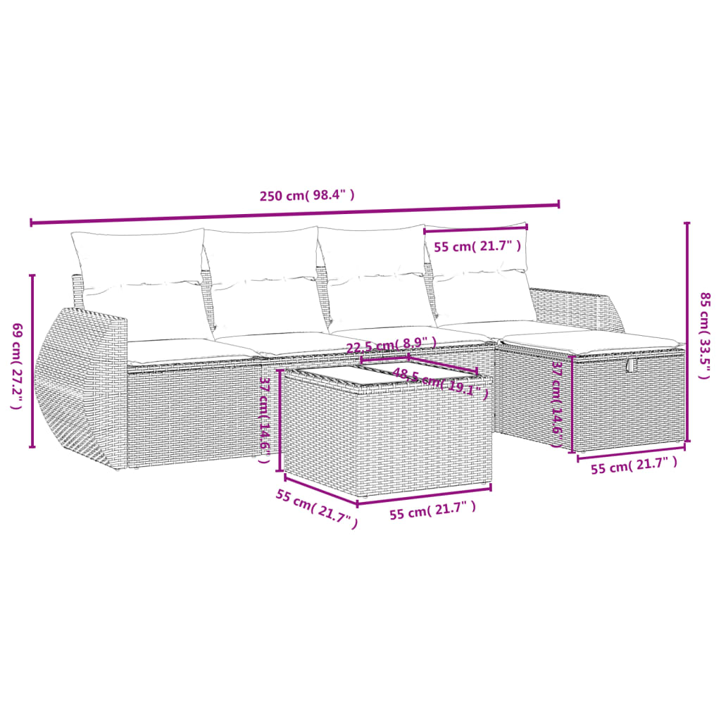 6-delige Loungeset met kussens poly rattan lichtgrijs
