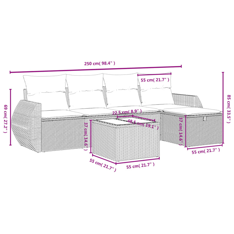 6-delige Loungeset met kussens poly rattan lichtgrijs