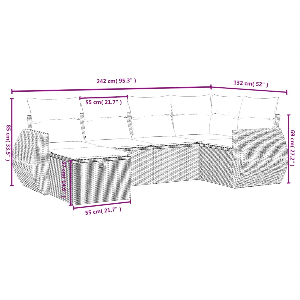 6-delige Loungeset met kussens poly rattan zwart