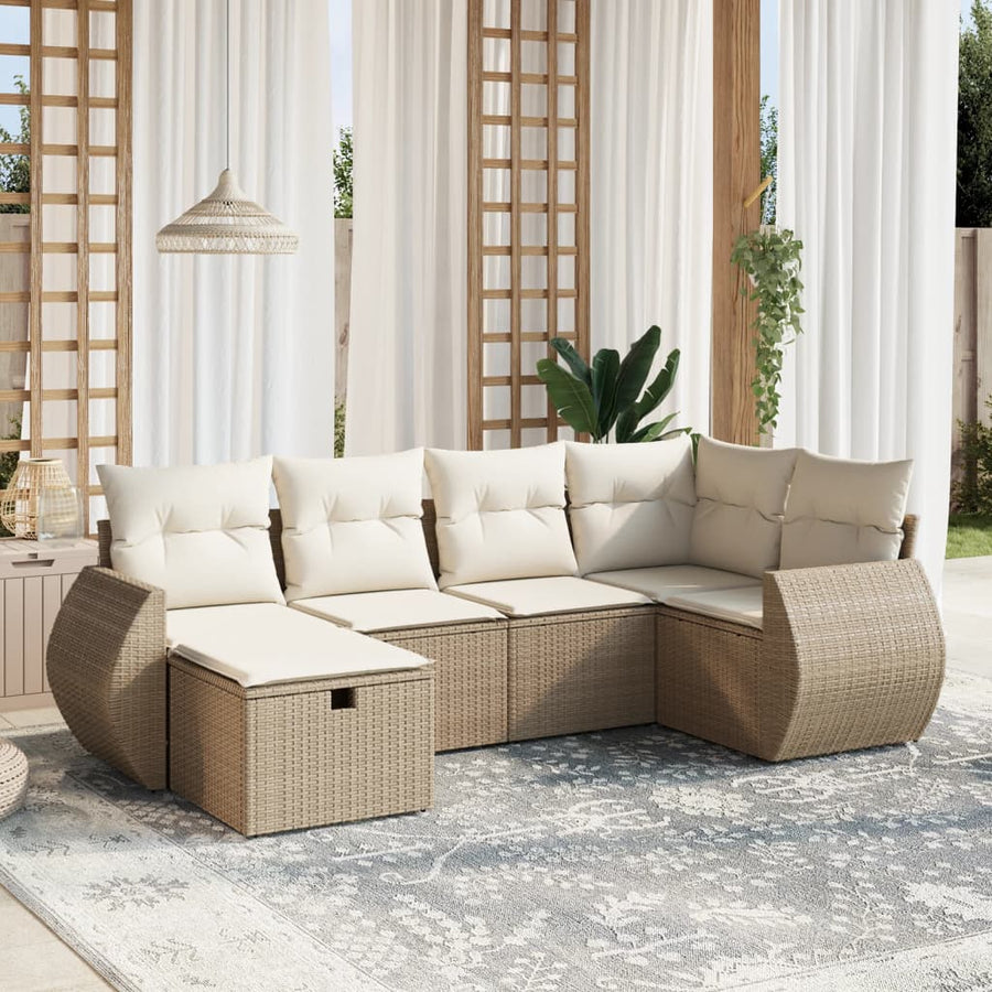 6-delige Loungeset met kussens poly rattan beige