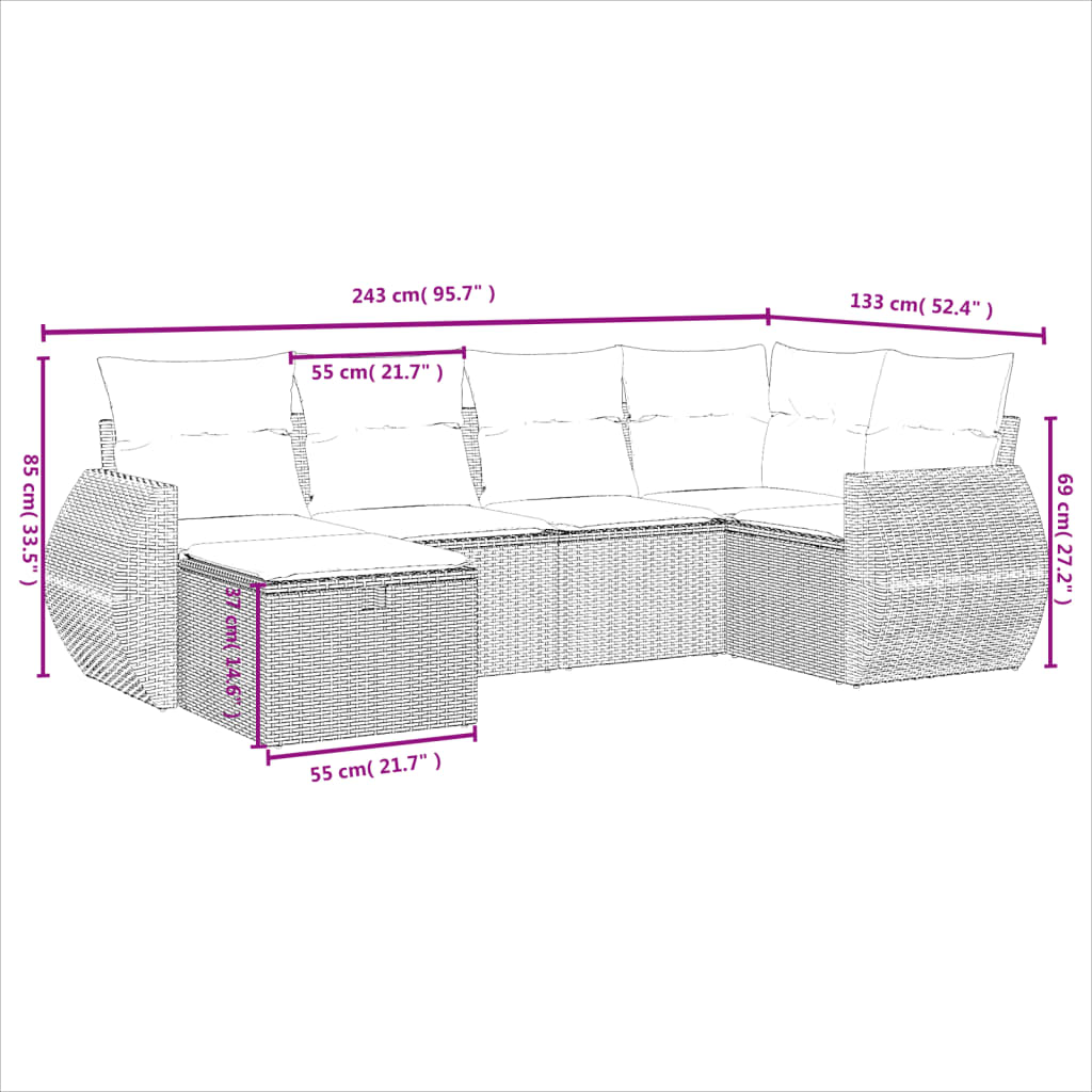 6-Delige Loungeset Met Kussens Poly Rattan Grijs