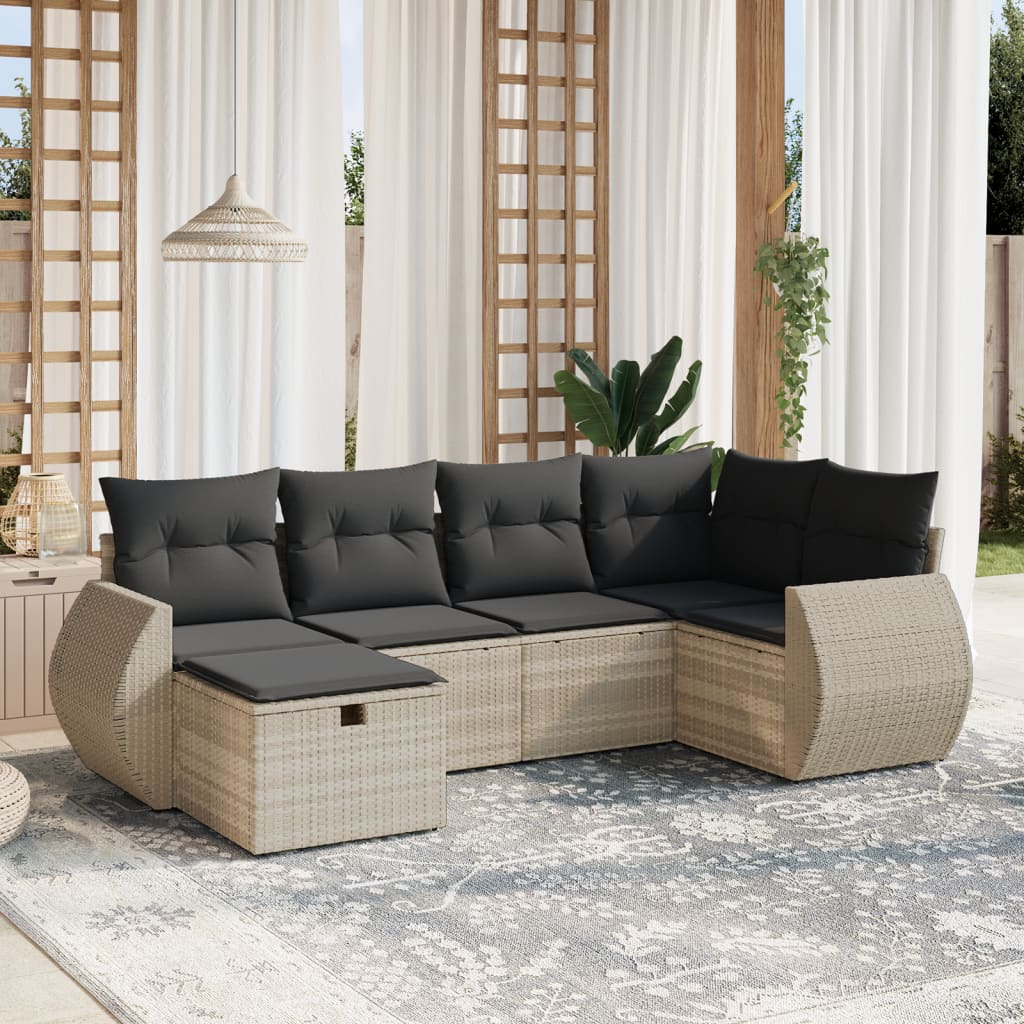 6-delige Loungeset met kussens poly rattan lichtgrijs