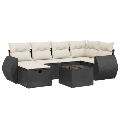 7-delige Loungeset met kussens poly rattan zwart