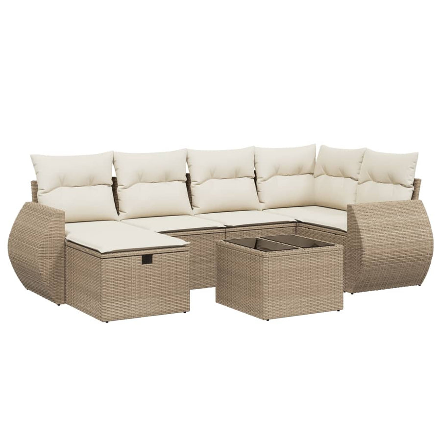 7-delige Loungeset met kussens poly rattan beige