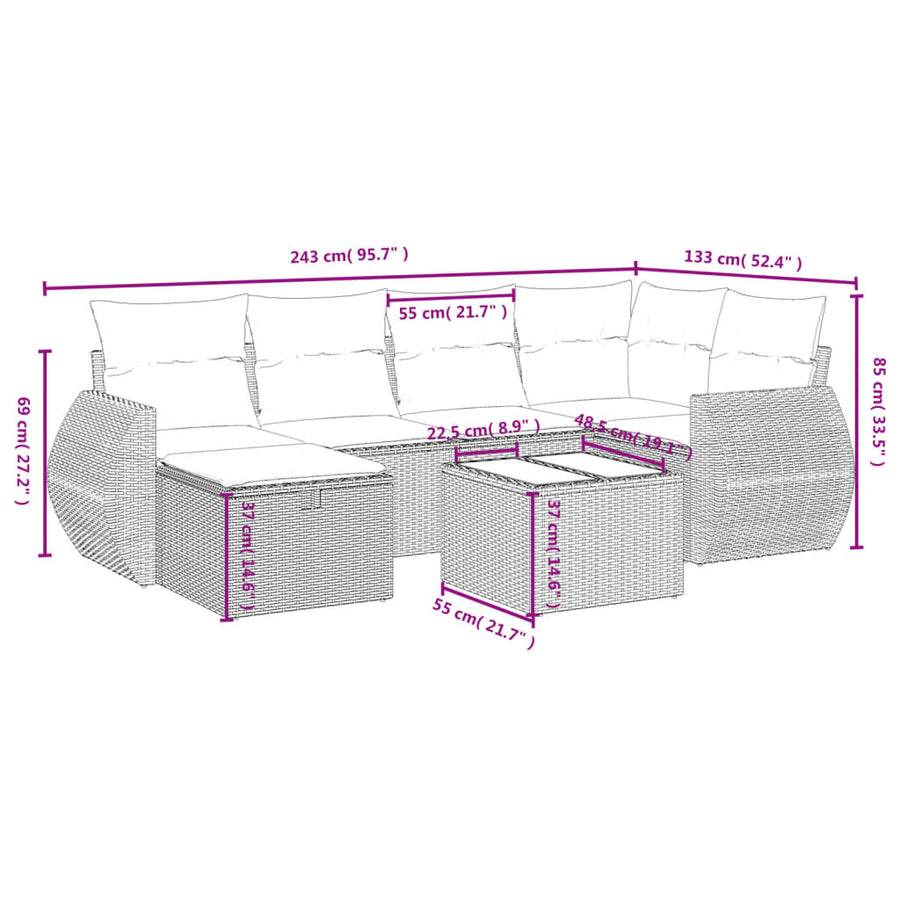 7-Delige Loungeset Met Kussens Poly Rattan Gemengd Beige