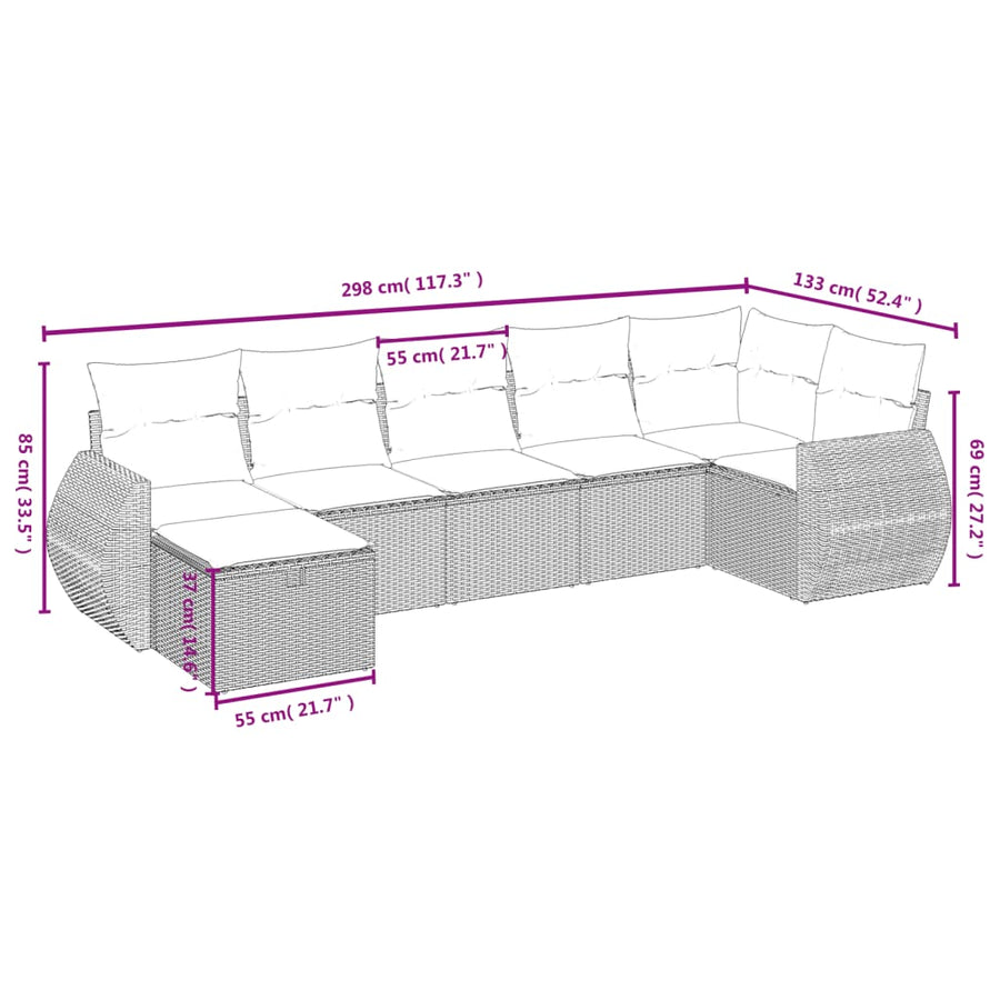 7-Delige Loungeset Met Kussens Poly Rattan Grijs