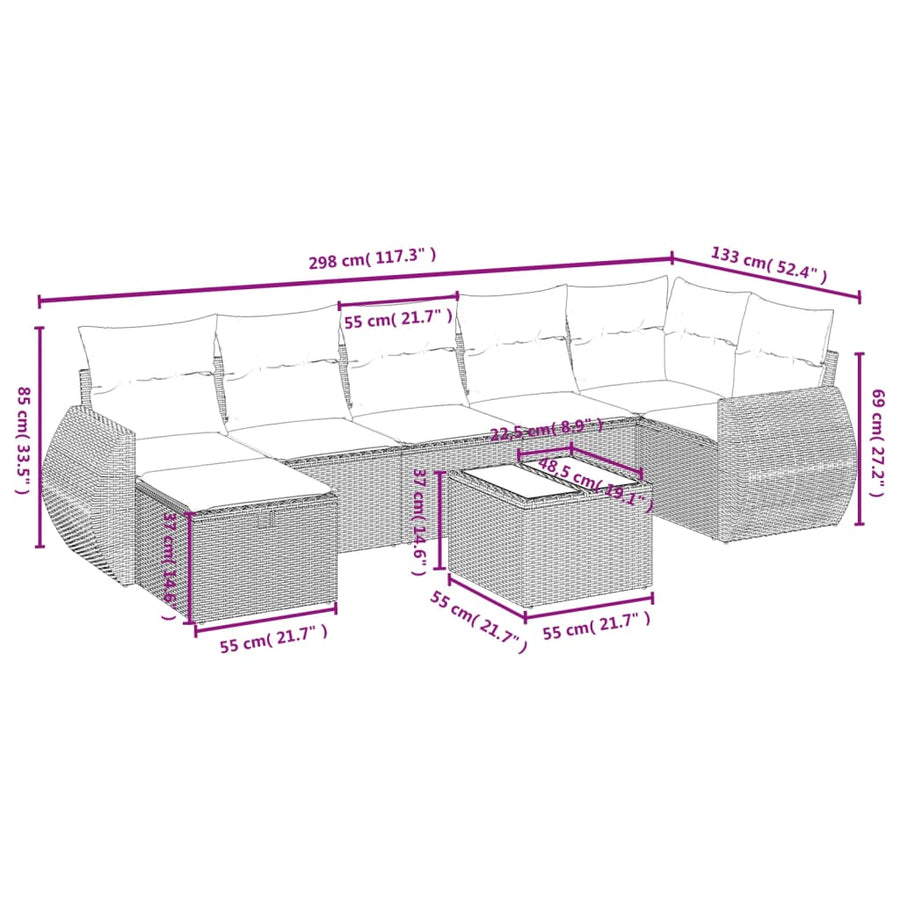 8-Delige Loungeset Met Kussens Poly Rattan Grijs
