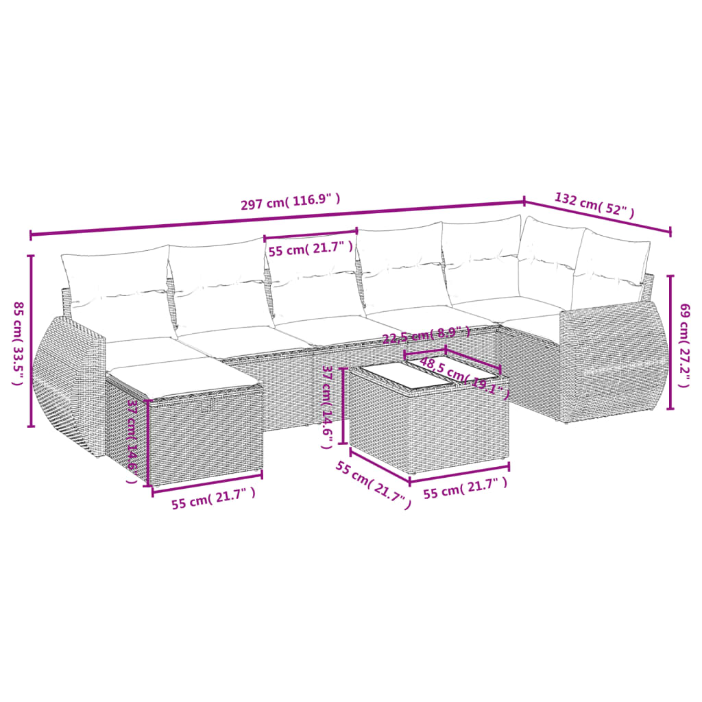 8-delige Loungeset met kussens poly rattan lichtgrijs