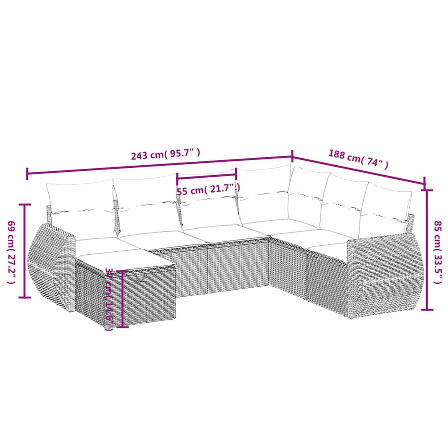 7-Delige Loungeset Met Kussens Poly Rattan Grijs
